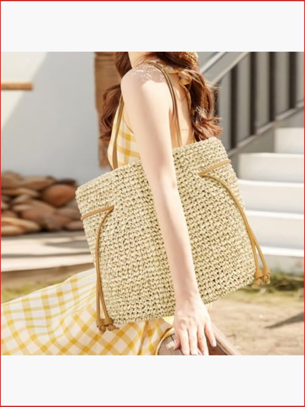 Hand Woven Straw Tote, Adjustable Drawstring Beach Bag, Summer Vacation - Picture 5 of 7